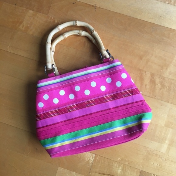 Mercer & Madison Bamboo Handle Mini Bag, Stripes, Polka Dots, Neon Pink, Green - Picture 15 of 16